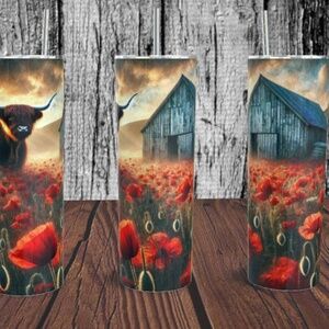 Highland Cow with Barn and Red Flowers 20 oz Skinny Tumbler
